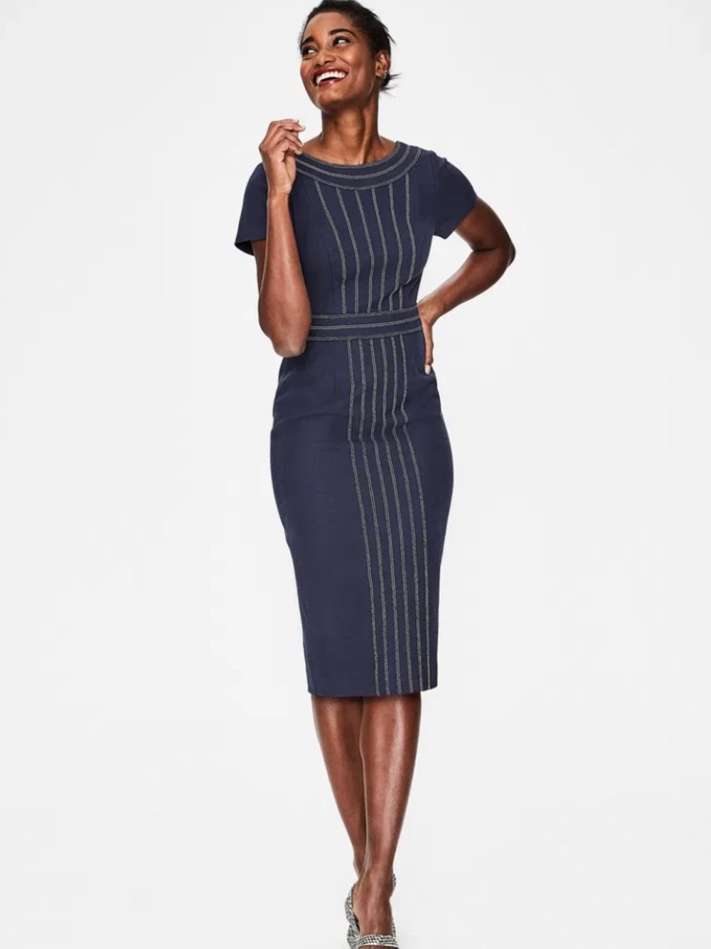Boden Kitty Textured Navy Lined Sheath Dress Size 8R EUC